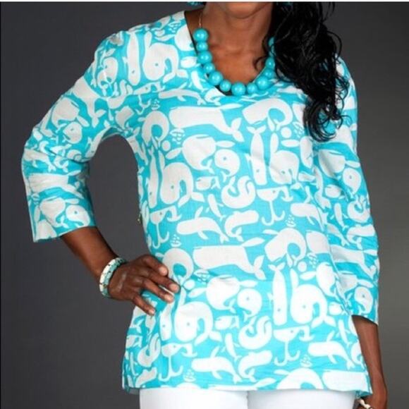 Tracy Negoshian Kaitlin Whale Print Tunic Beach Cover Up 1 Zip Pocket Sz S NWOT - Picture 1 of 9